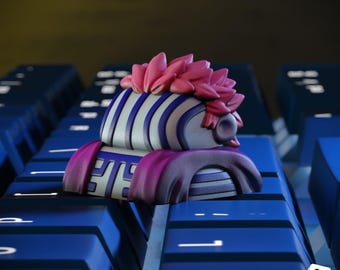 Lotus Demon Warrior Keycap | Handcrafted Resin Artisan Keycap | Blue and Pink Fighter Design for Mechanical Keyboard