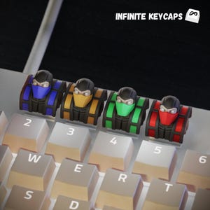 Może przedstawiać: Cztery kolorowe nakładki na klawisze z motywem postaci ninja. Nakładki są ułożone na klawiaturze z widocznymi cyframi od 2 do 6. Nakładki są niebieskie, żółte, zielone i czerwone.