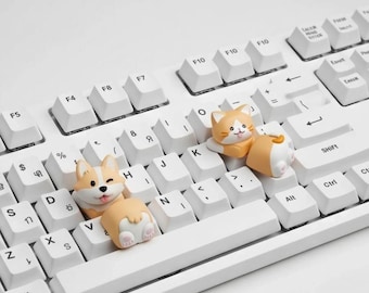 Corgi & Cat Artisan keycap-set | Leuke toetsencombinatie voor hond en kat | Handgemaakte harstoets voor mechanisch toetsenbord | Esthetisch cadeau bureau