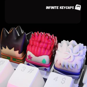 May include: Three custom keycaps featuring anime characters. The keycaps are made of plastic and have a glossy finish. The keycaps are designed to fit standard mechanical keyboards. The keycaps are labeled with the characters "3 #", "4 $", and "INFINITE KEYCAPS".