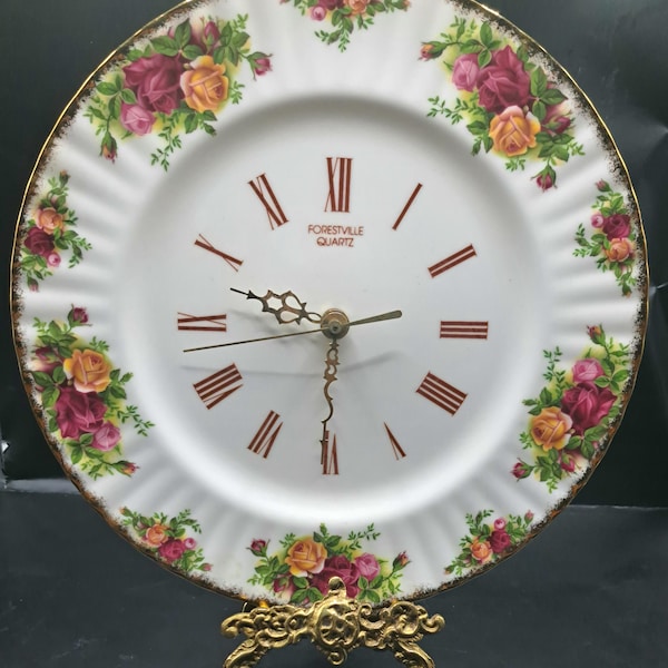 Vintage Royal Albert Old Country Roses Forestville Quartz Wall Clock , Elegant Porcelain Clock, Roman Numeral