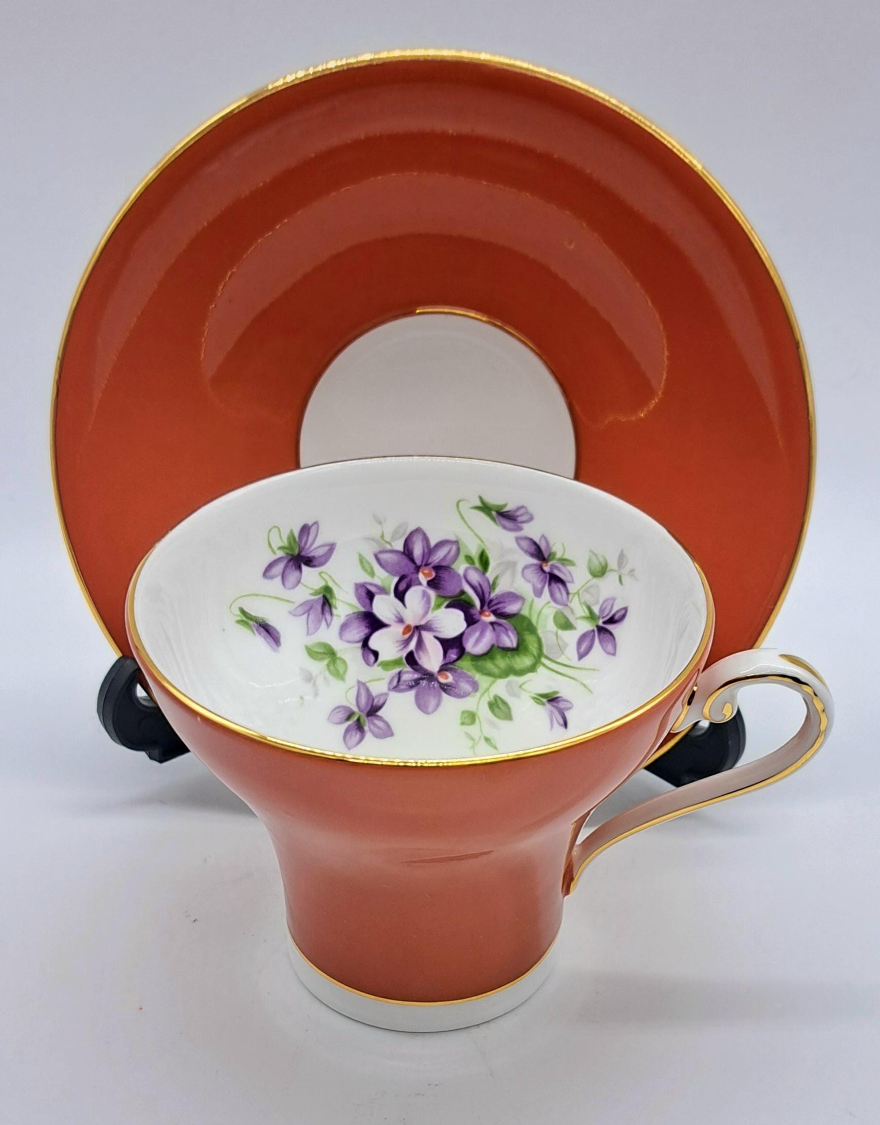 Aynsley Corset Shaped Dusty Orange Teacup and Saucer , Violets