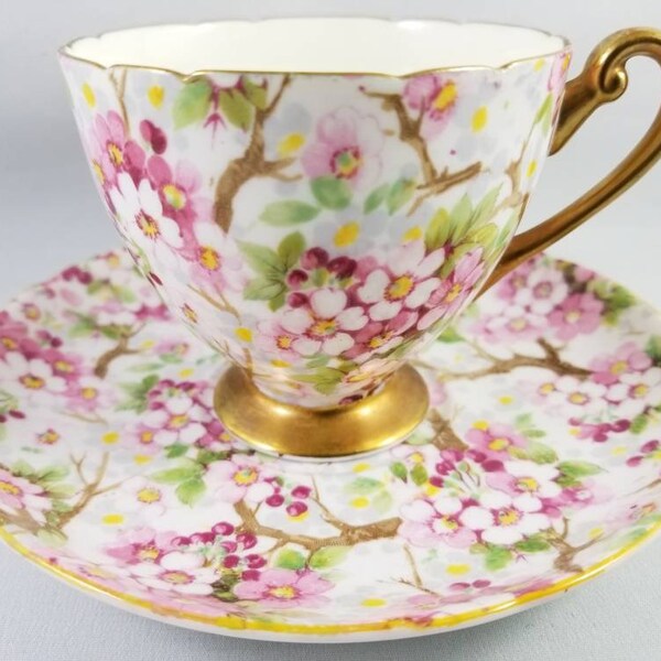 Shelley Maytime chintz rippon shaped teacup and saucer - mismatched set