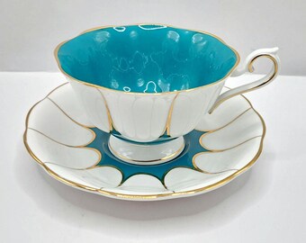 Royal Albert Avon shaped teal white gold teacup and saucer