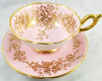 Coalport teacup and saucer- pink with gold flowers,  leaves and vines