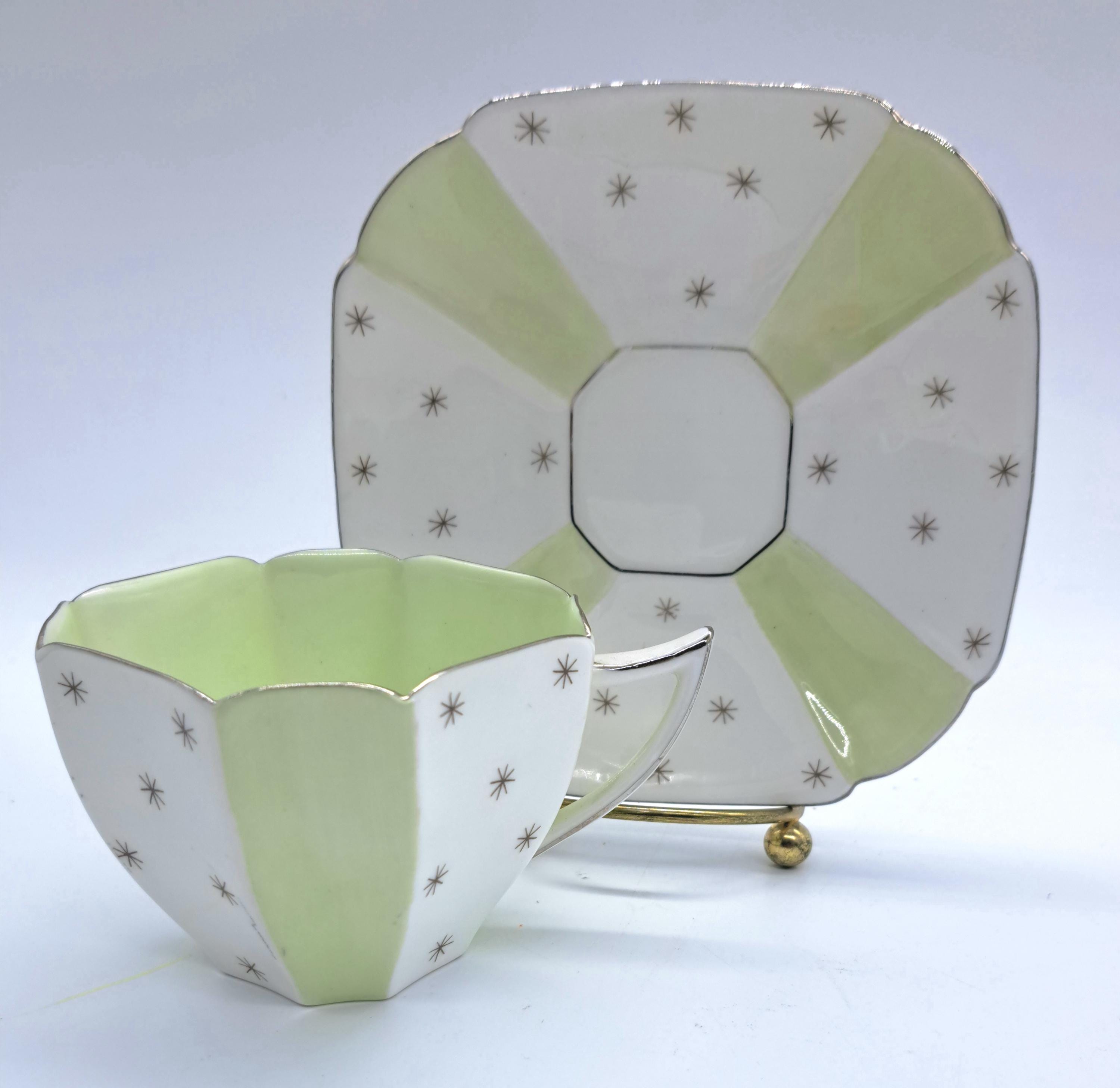 Shelley Pole Star Teacup and Saucer, Green and White , Silver Rim