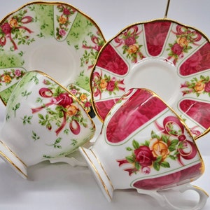 Priced Individually Royal albert Ruby celebration teacups and saucers- green damask , ruby damask, made in England