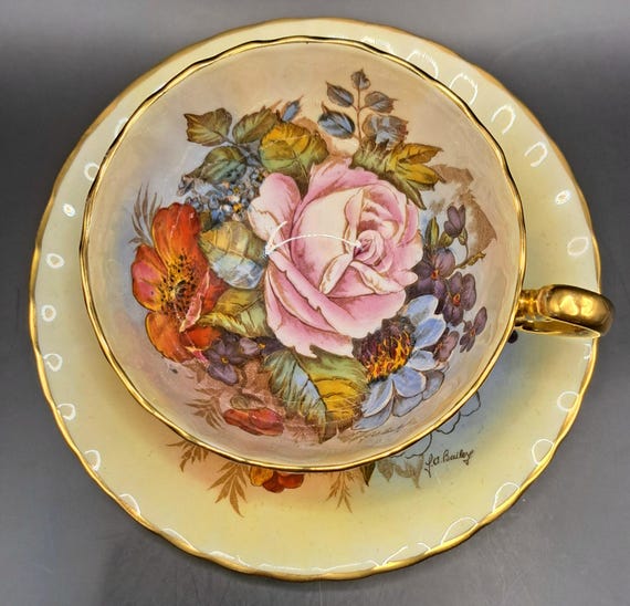 Aynsley Cabbage Rose Teacup and Saucer: JA Bailey Signed, England