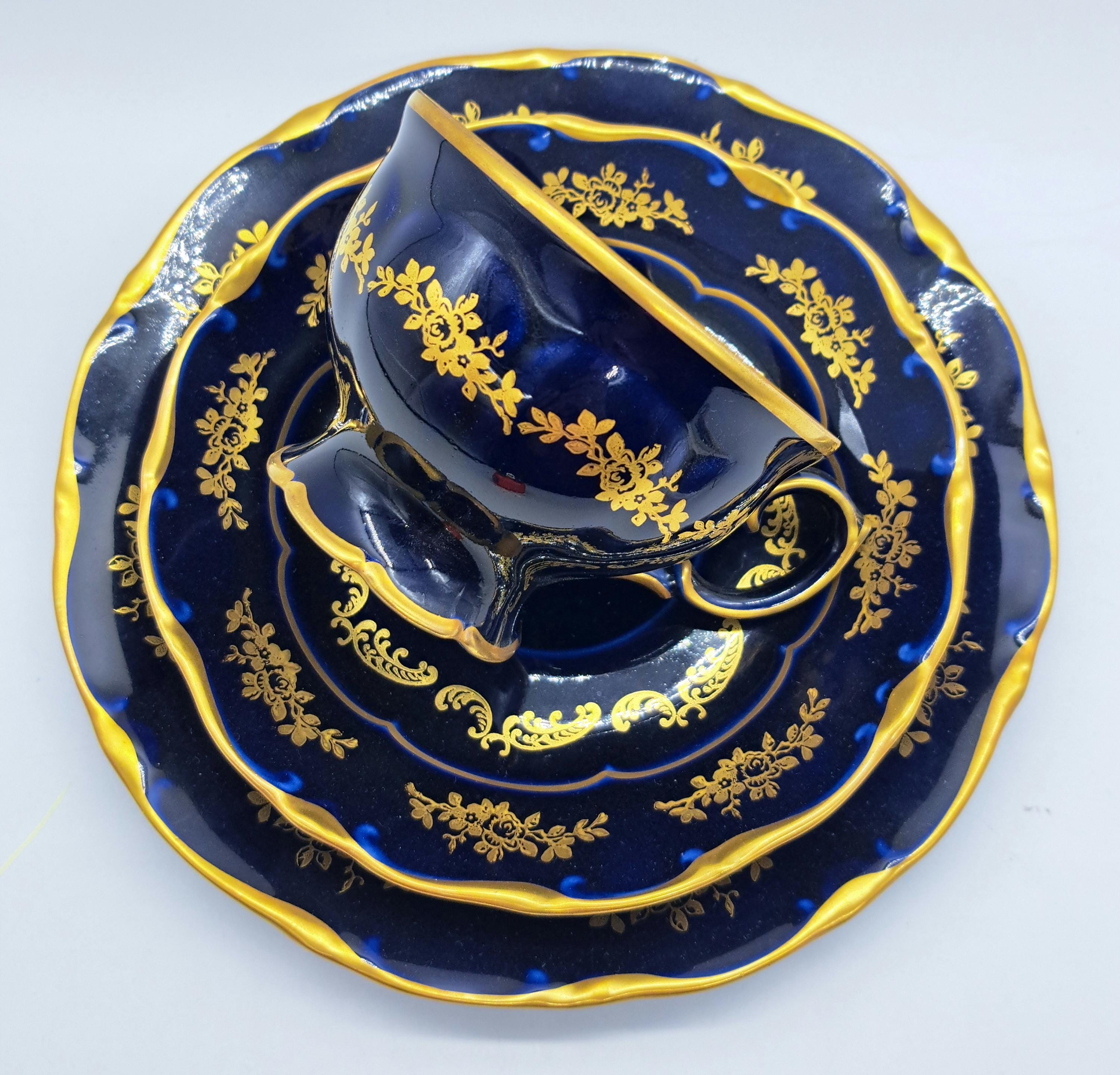 Echt Kobalt Lichte Porzellan, Bone China Teacup Saucer Plate Trio