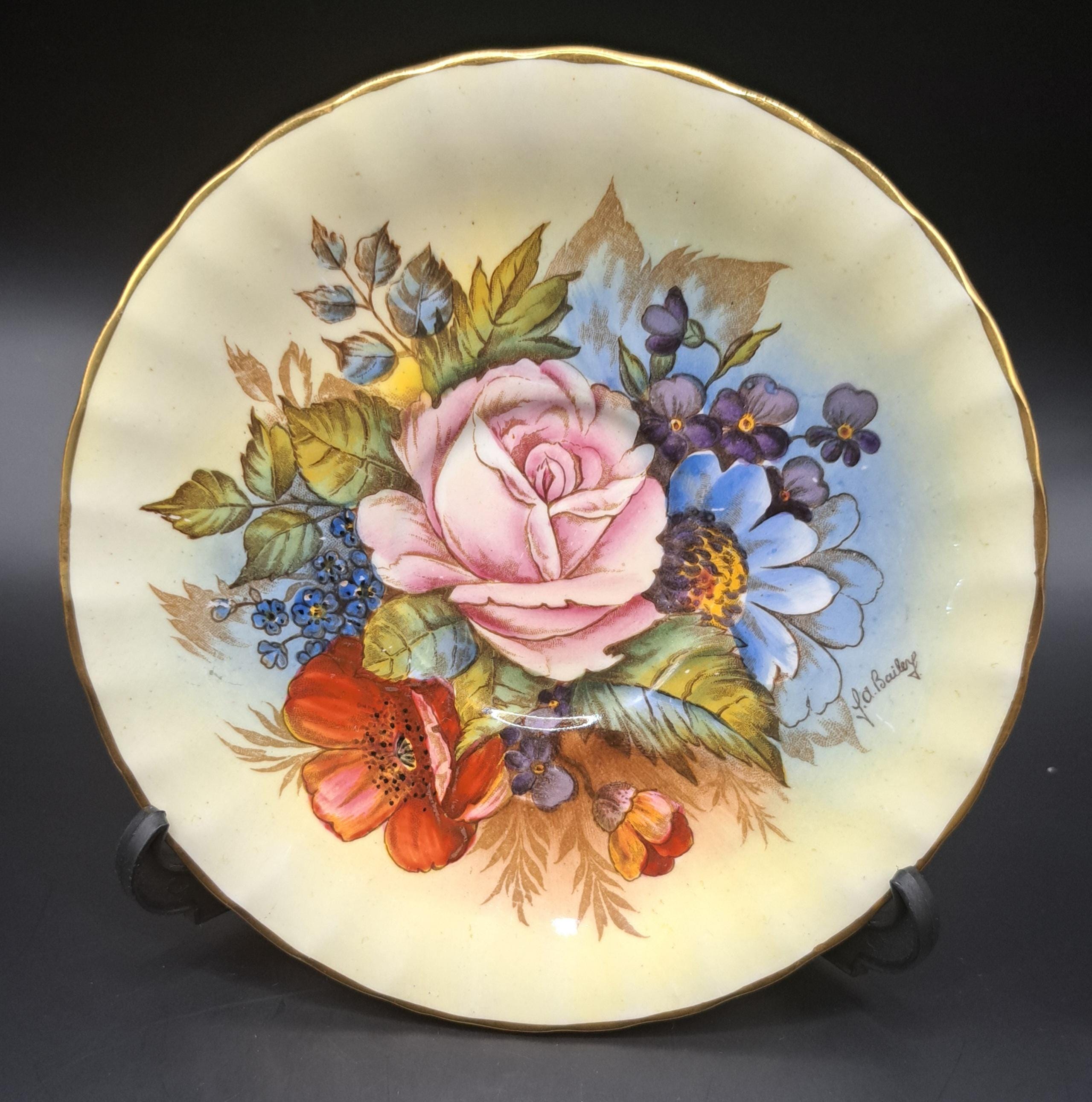 Aynsley Cabbage Rose Teacup and Saucer: JA Bailey Signed, England