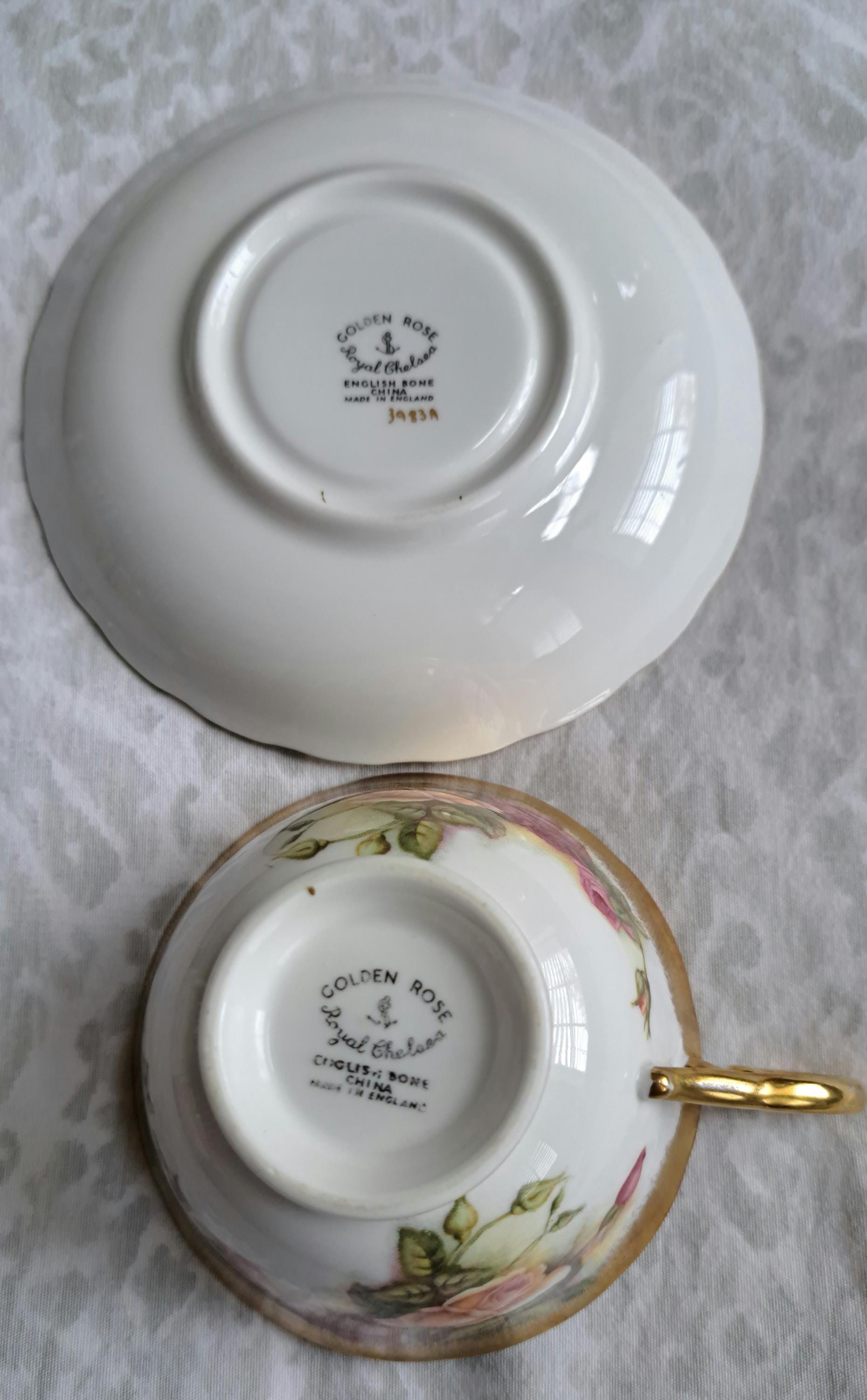 Royal Chelsea Golden Rose Teacup and Saucer , Heavy Gold Trim