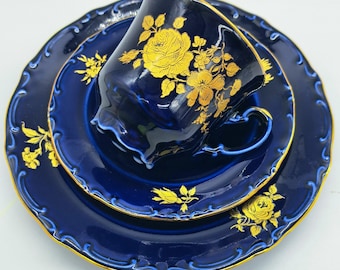 Alka Bavaria, Fine Kobalt, Bone China Teacup Saucer Plate Trio