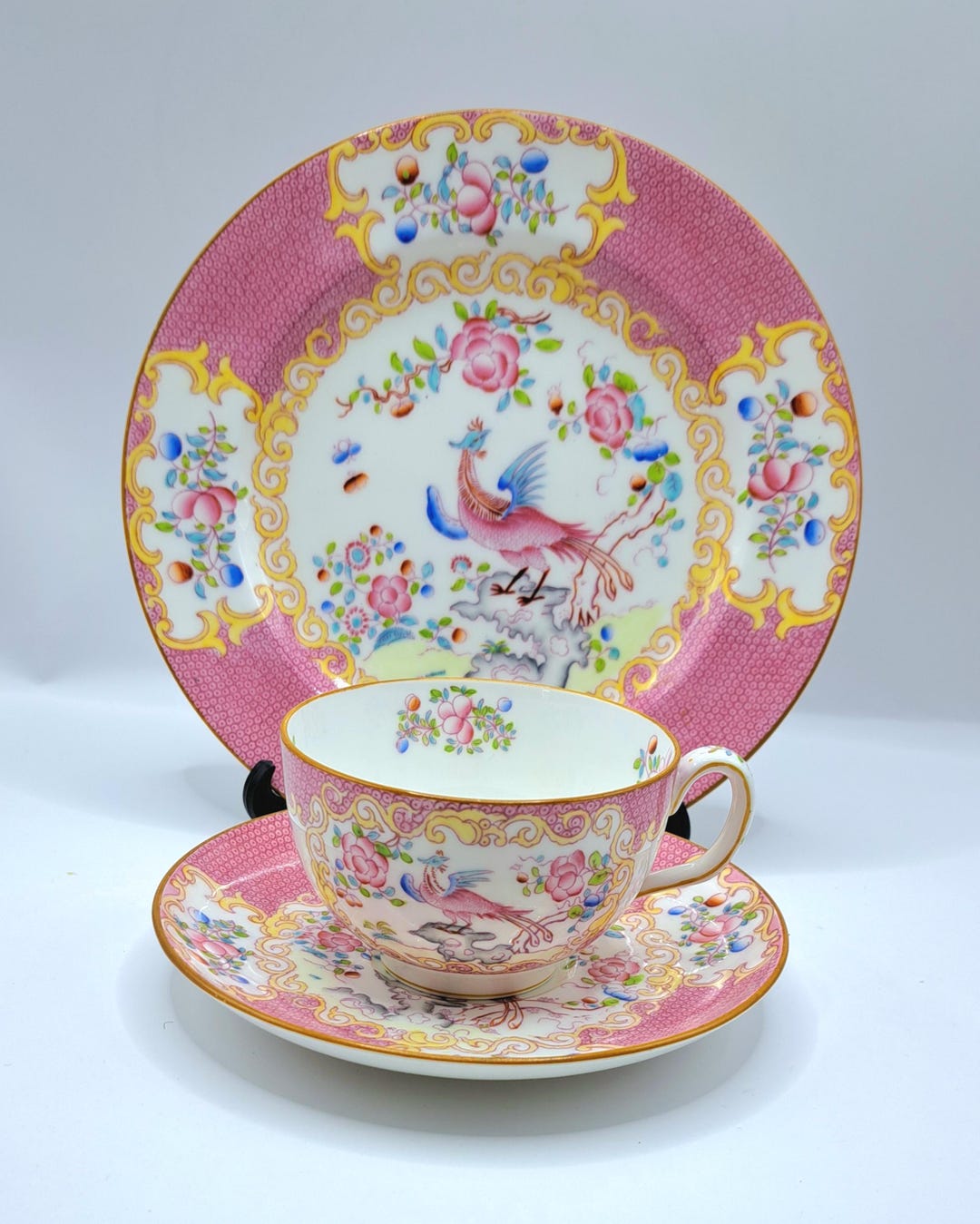 Minton Pink Cockatrice Teacup Saucer and Plate , Made in England