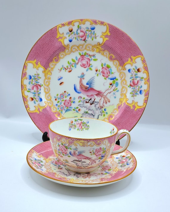 Minton Pink Cockatrice Teacup Saucer and Plate , Made in England
