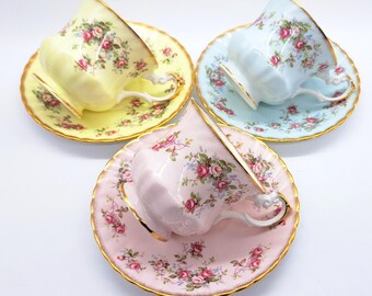 Set of 3 Rosina teacups- pink , blue and yellow roses, made in England