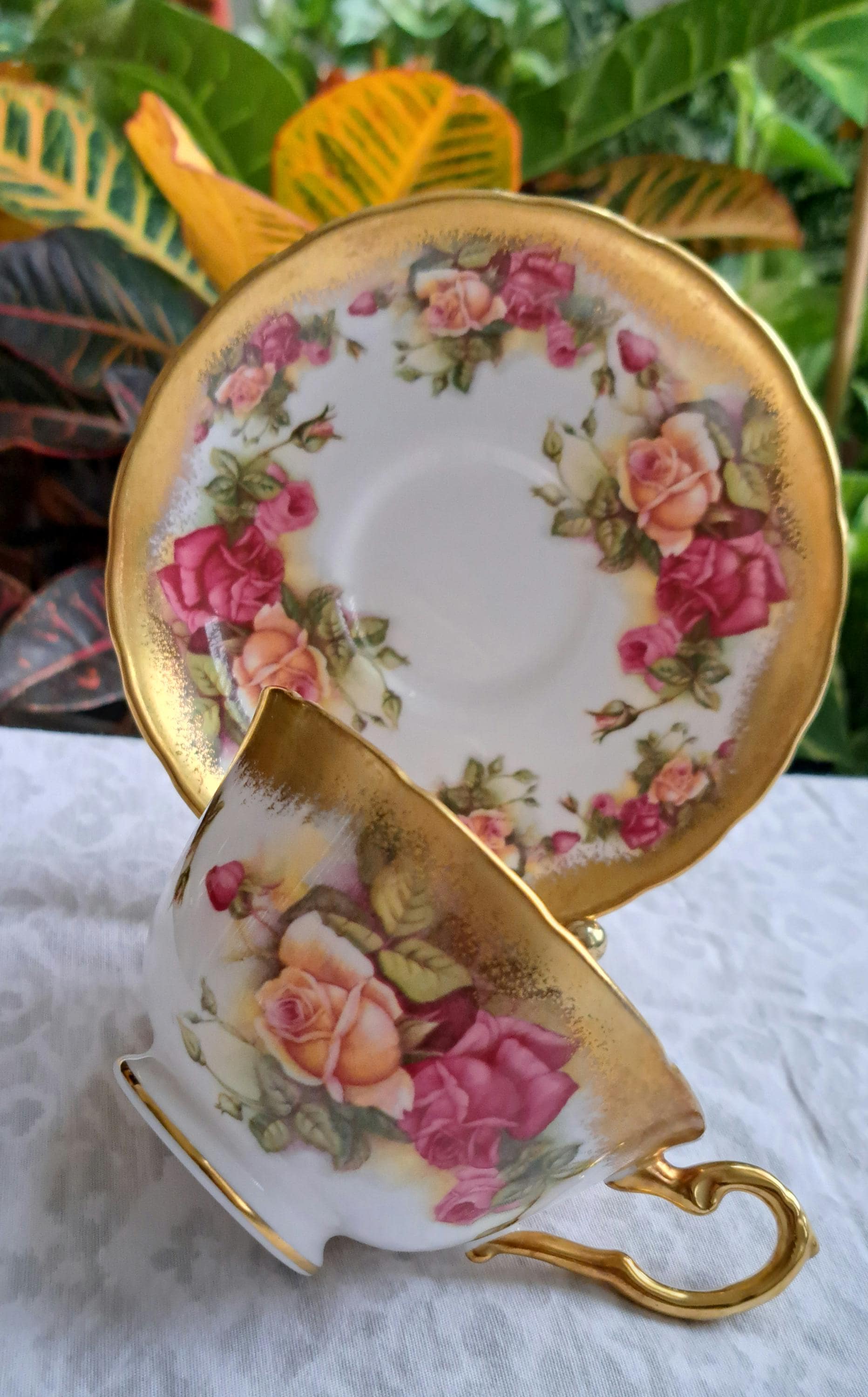 Royal Chelsea Golden Rose Teacup and Saucer , Heavy Gold Trim