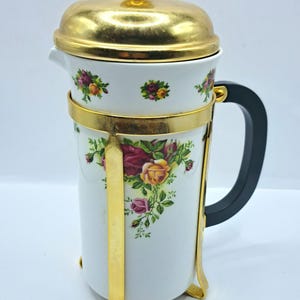 Royal Albert Old Country Roses French Press Cafetière, koffiezetapparaat, koffiezetapparaat, goudkleurig deksel