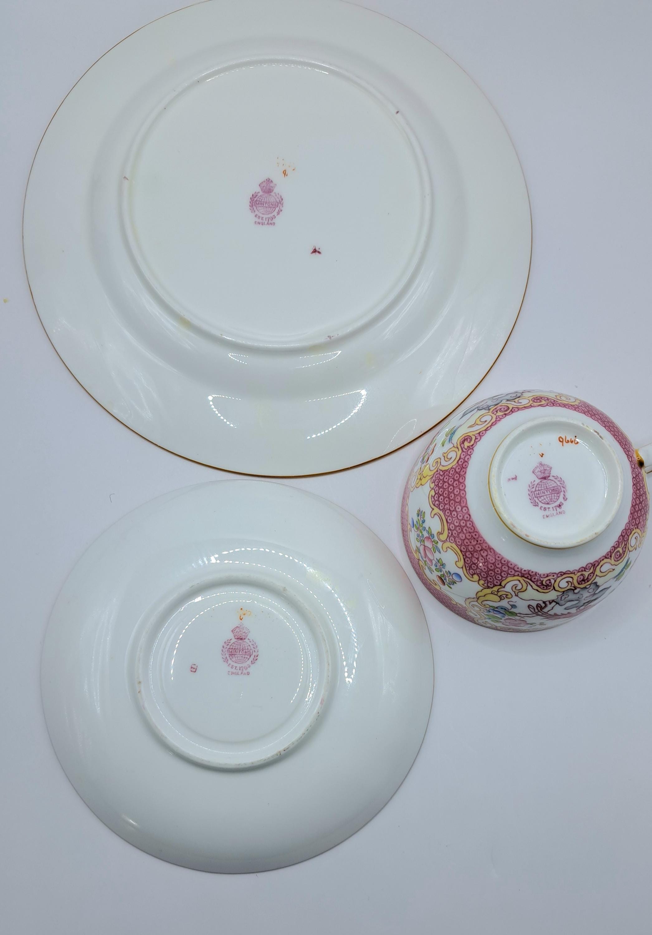 Minton Pink Cockatrice Teacup Saucer and Plate , Made in England