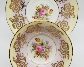 Taza y platillo Foley: Ramo floral, detalles dorados, Hecho en Inglaterra