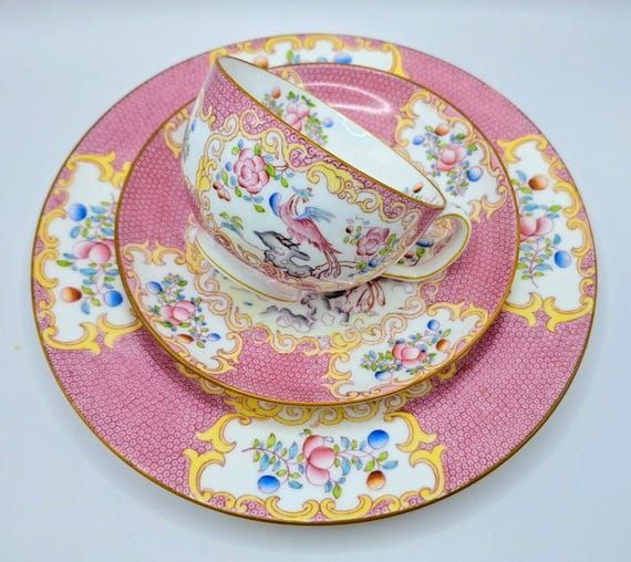 Minton Pink Cockatrice Teacup Saucer and Plate , Made in England