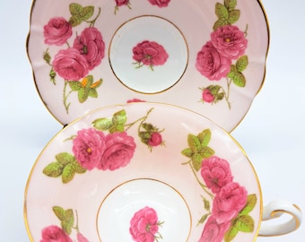 Taza y platillo Foley rosa - rosas rosas, porcelana fina hecha en Inglaterra