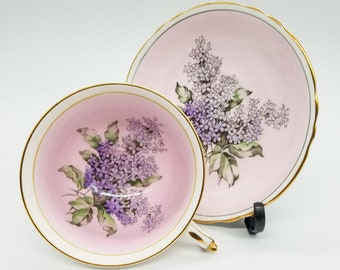Paragon lilacs pink teacup and saucer,  made in England,  double warrant