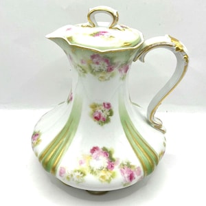 Limoges France Antique chocolate pot features hand-painted pink floral cocoa pot