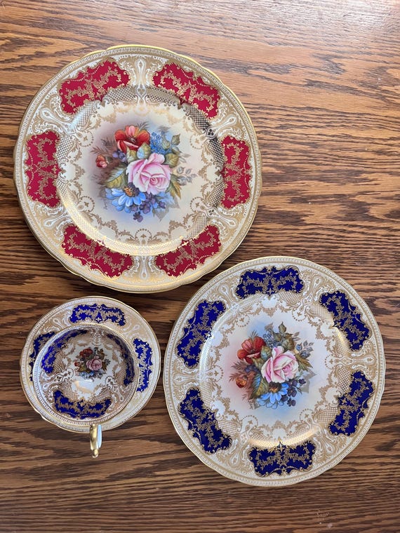 Vintage Aynsley JA Bailey Signed Dinner Plate or Teacup: Red, Blue