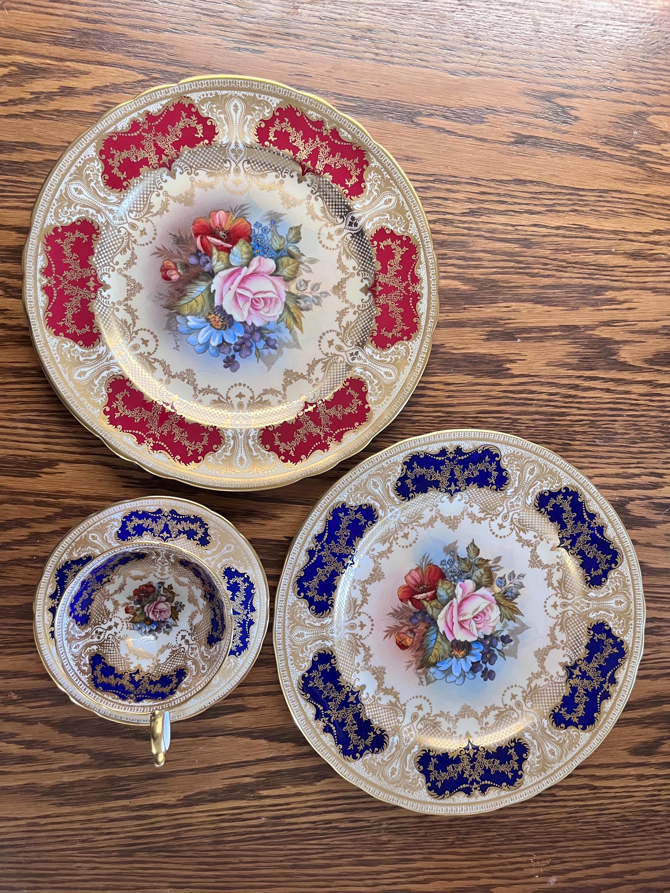 Vintage Aynsley JA Bailey Signed Dinner Plate or Teacup: Red, Blue
