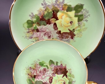 Stanley Bone China Teacup and Saucer: Green Cabbage Roses, Made in England