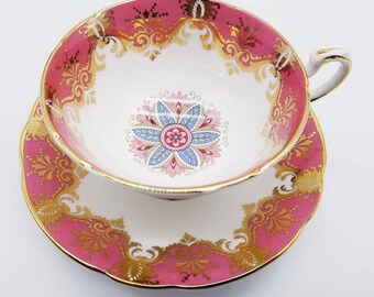 Paragon Pink Medallion Teacup and Saucer: Fine Bone China, England