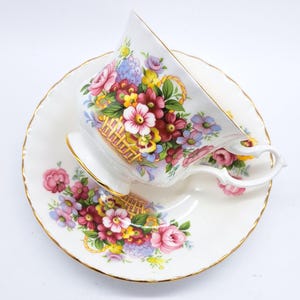 Royal Albert summertime series teacup and saucer, purple border with florals, bone china made in England
