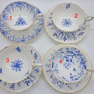 Coalport Bone China Tea Cup and Saucer: Blue & White, Gold Trim