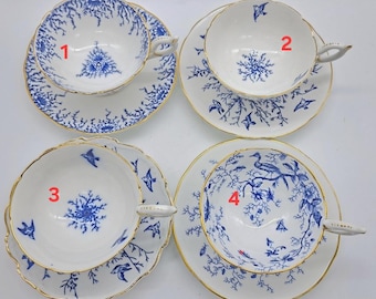Coalport Bone China Tea Cup and Saucer: Blue & White, Gold Trim