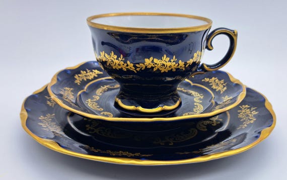 Echt Kobalt Lichte Porzellan, Bone China Teacup Saucer Plate Trio