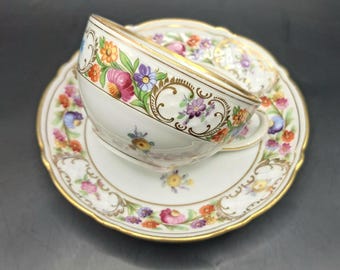 Schumannシューマン、ババリアドレスデンフラワー Schumann Bavaria Dresden Flowers Teacup and Saucer, Wide Mouth