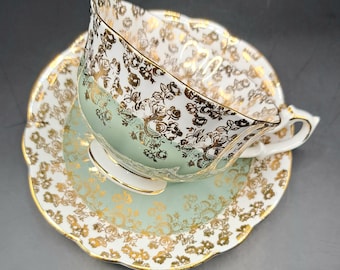 Royal Albert Cascade Teacup and Saucer: Light Sage & Gold Bone China