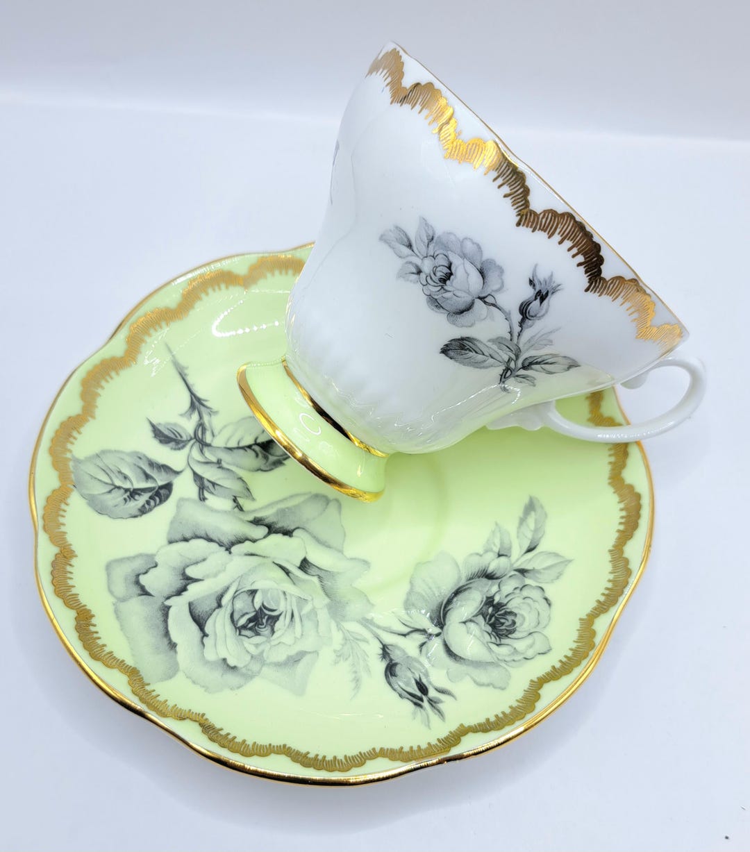 EB Foley Vintage Teacup and Saucer, Green With Grey Roses , Bone China ...