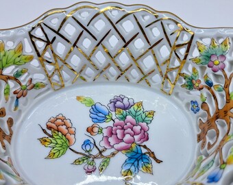 HEREND HUNGARY 透かし編み花柄プレート24cm稀少 Herend Hungary Queen Victoria Reticulated Basket Dish 7.5
