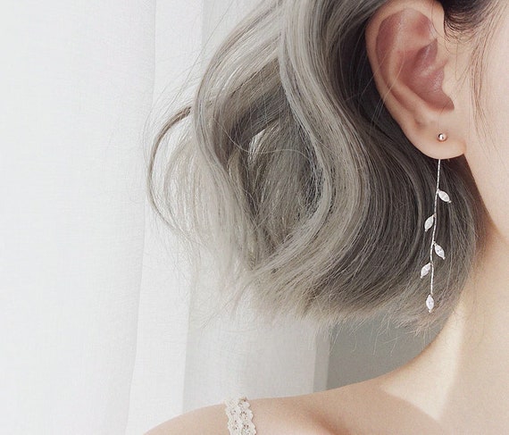925 Sterling Silver plated Crystal Leaf Tassel Drop Earrings for Women Girls