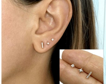 Daesar Gold Plated Earrings Womens Stud Earring Black Cz Rectangular Tuba Earring Rose Gold 1.2X3.3CM 