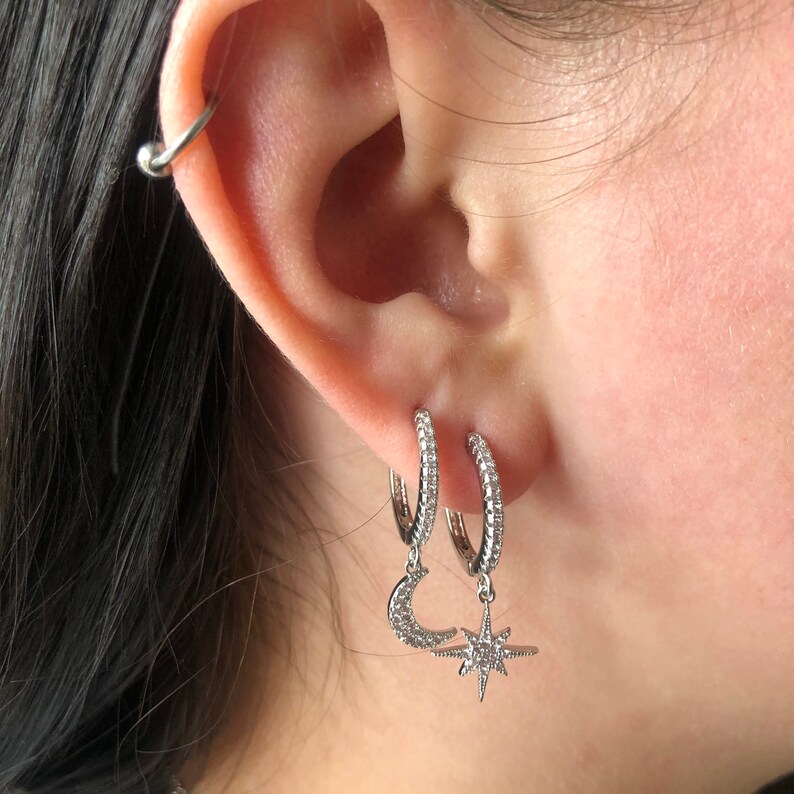 Dainty Gold Huggie Hoops with Moon and Star Charm Mismatched Etsy