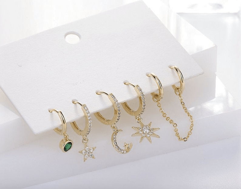 14k gold Earrings for women, star earrings, Trendy Zirconia Star Moon Sets Drop Earrings Gold Small Hoop Earrings For Women 