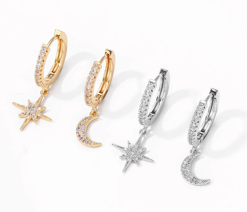 Dainty Gold Huggie Hoops with Moon and Star Charm Mismatched Etsy