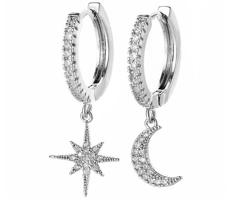 Dainty Gold Huggie Hoops with Moon and Star Charm Mismatched Etsy