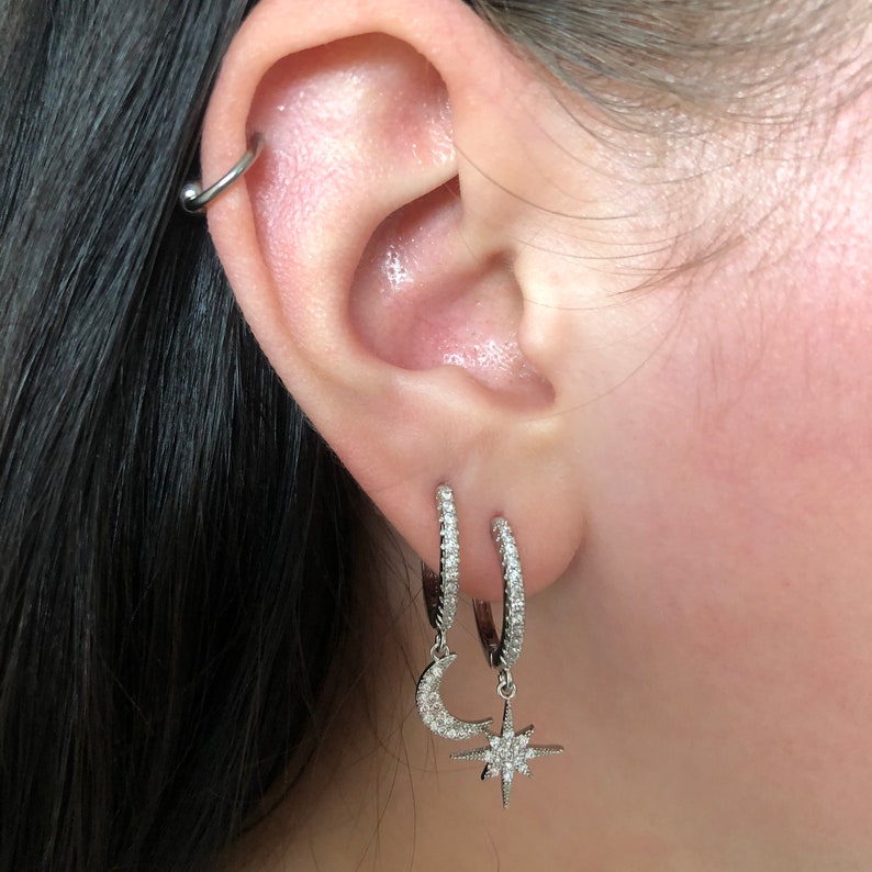 Dainty Gold Huggie Hoops with Moon and Star Charm Mismatched Etsy