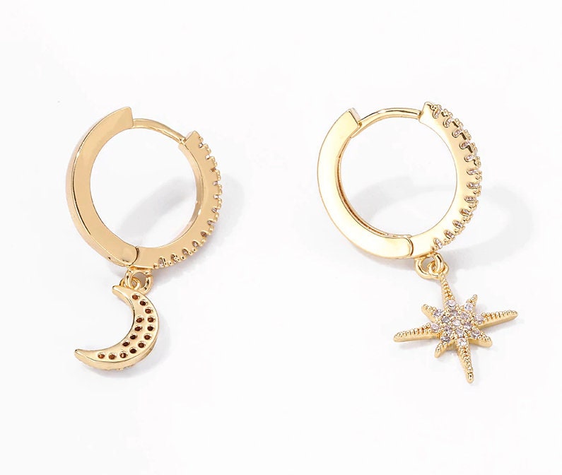 Dainty Gold Huggie Hoops With Moon and Star Charm Mismatched - Etsy