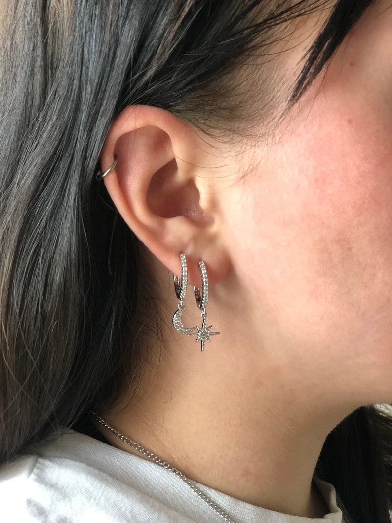 Dainty Gold Huggie Hoops with Moon and Star Charm Mismatched Etsy