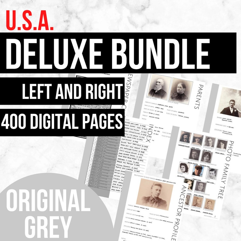USA Deluxe Family History Bundle Original Grey Digital Download Family Tree Notebooks image 1