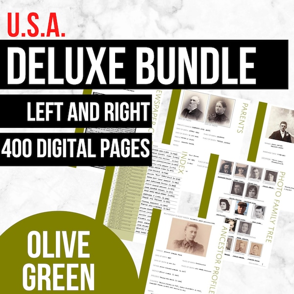 USA Deluxe Family History Bundle - Olive Green (Digital Download) - Family Tree Notebooks
